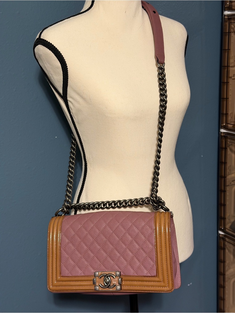 CHANEL Duo Boy Medium Goatskin Crossbody in Pink and Tan. Box and dustbag.
